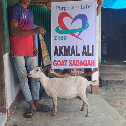 Person holding a sign with a goat and text, standing in front of a building.