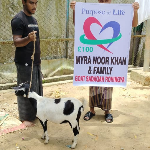 Man with a goat and a sign for Myra Noor Khan and family in a rural setting